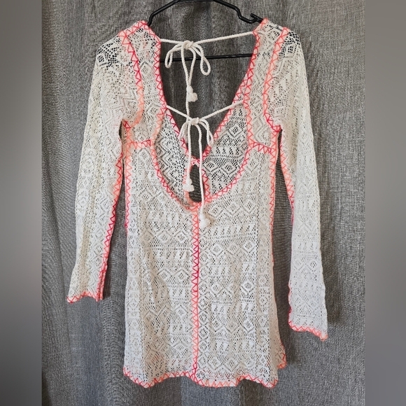 Out From Under Urban Outfitters Ivory Crochet Cover-Up Mini Dress Neon Hem XS - Picture 2 of 5